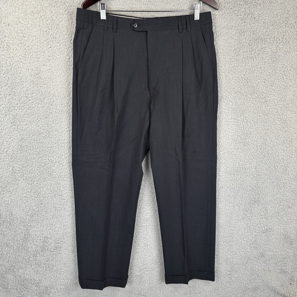 St Croix Dress Pants Men 35x28 Black Pleated Trousers Linen Wool Pinstripe Italy